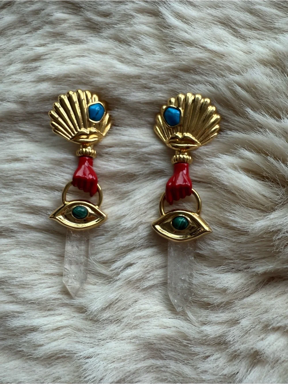 Gold Shell Drop Earrings with Red Hand & Blue and Green Stone Accents